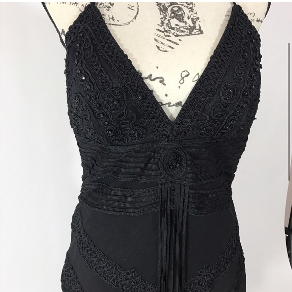 Sue Wong Plunge Beaded Halter Tassel Silk Formal Cocktail Dress Size 2 - Picture 4 of 11